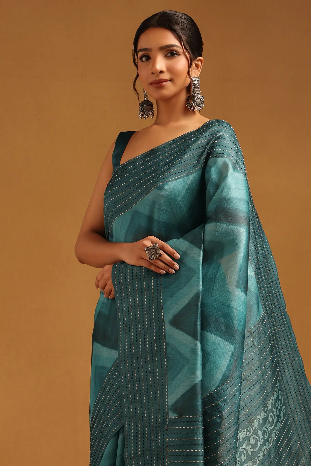 Teal Green Tussar Chevrons Sarees With Thread Work